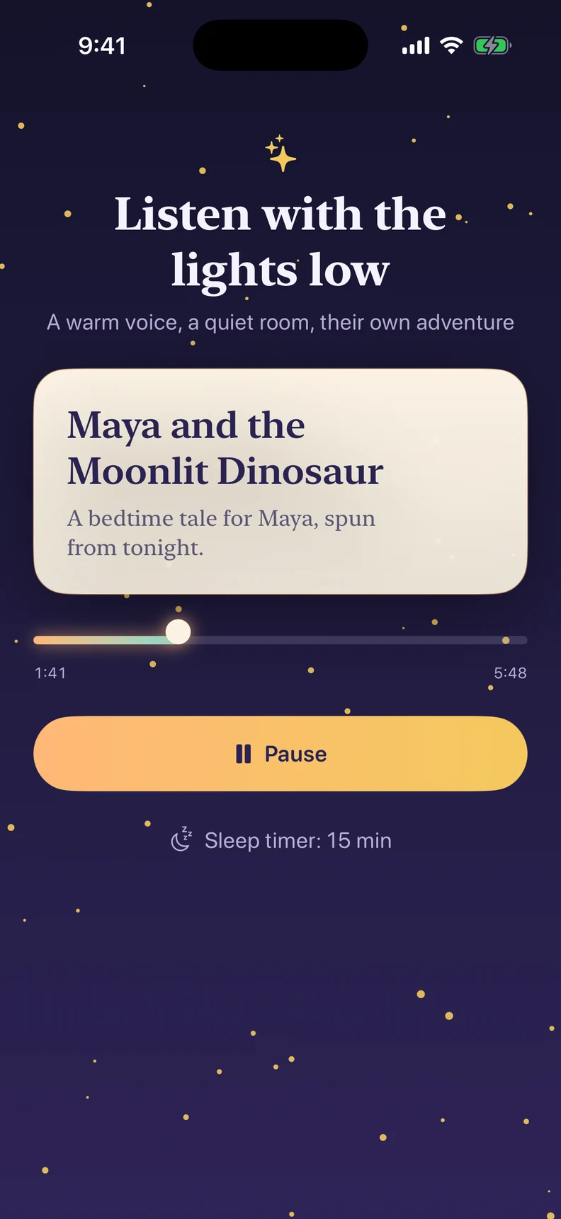 Day2Tale narration preview with playback controls and a 15-minute sleep timer