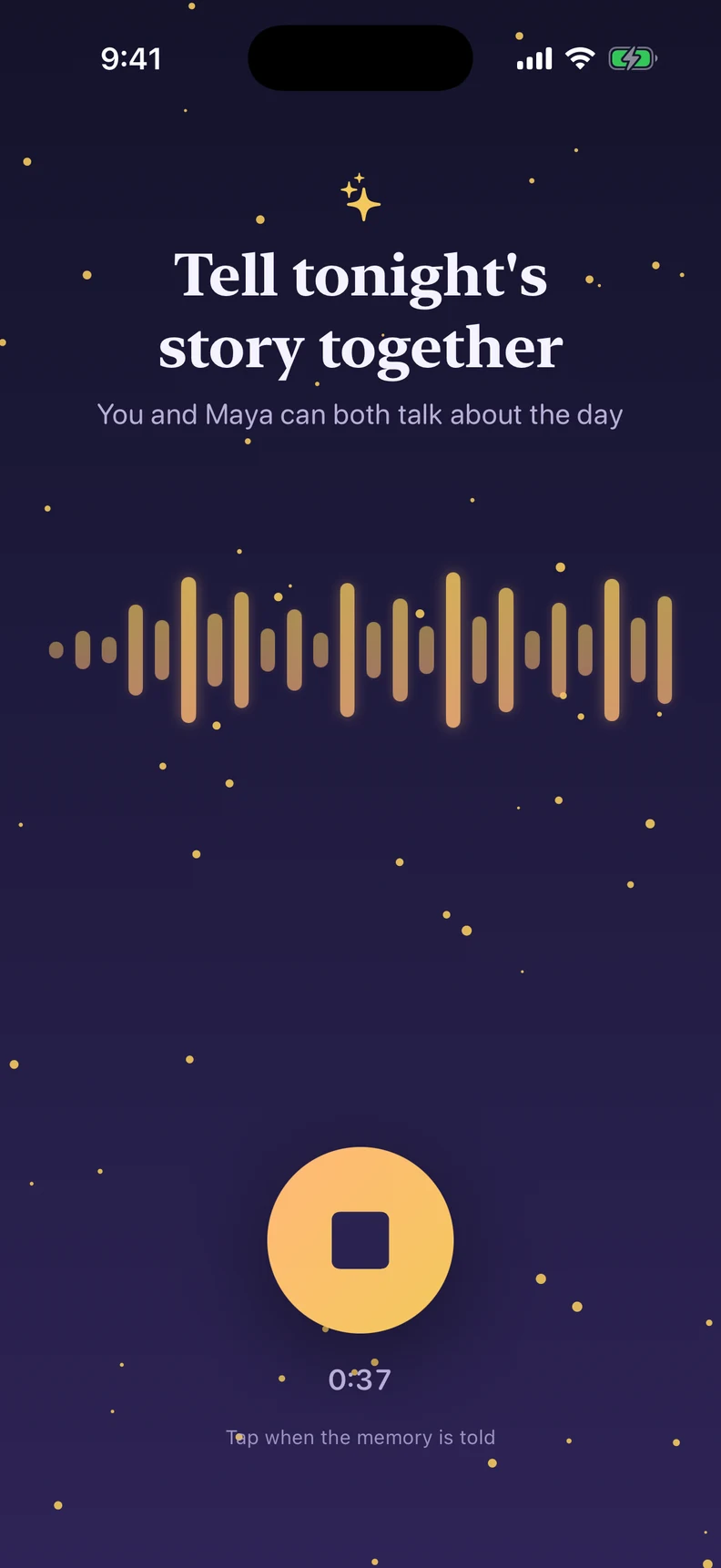Day2Tale recording preview with a voice waveform and stop button