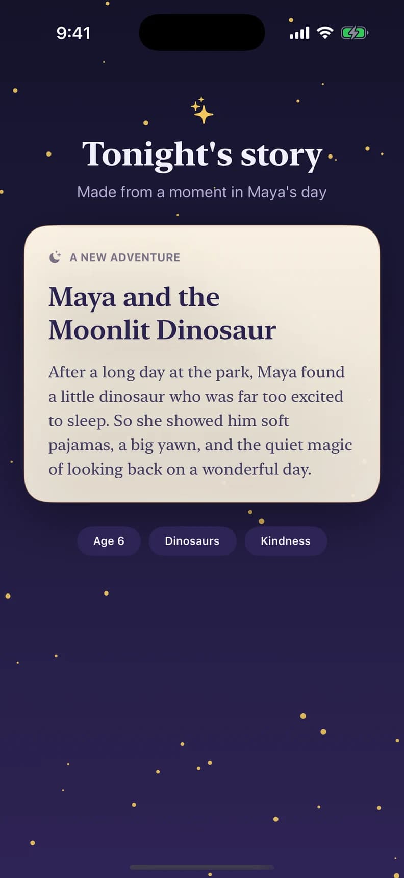 Day2Tale story preview: Maya and the Moonlit Dinosaur, personalized for age six